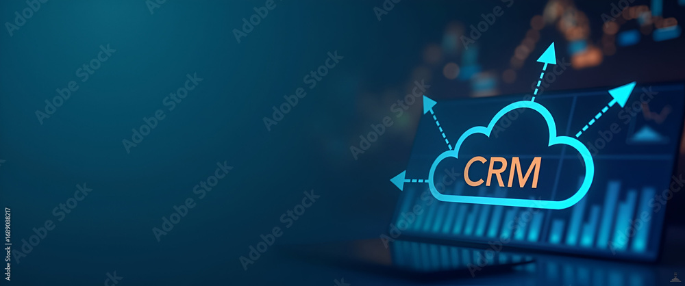 Poster photo realistic crm dashboard and customer data icon with customizable blank area for branding, idea
