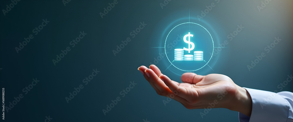 Poster holographic management icon: a hand showcasing profit management in a minimalist financial context -