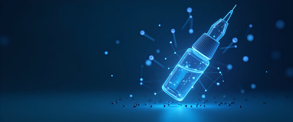 Glowing Blue Vaccine Bottle in Low Polygon Design: Covid-19 Immunization Concept with Wireframe Connections and Empty Space