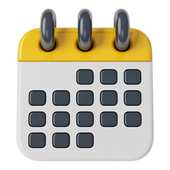 3D Calendar Icon with Yellow Top and Gray Details for Scheduling and Reminders on a Transparent Background for Digital Use