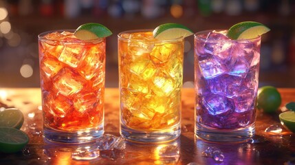 Three colorful iced drinks on bar, bokeh background, for advertising