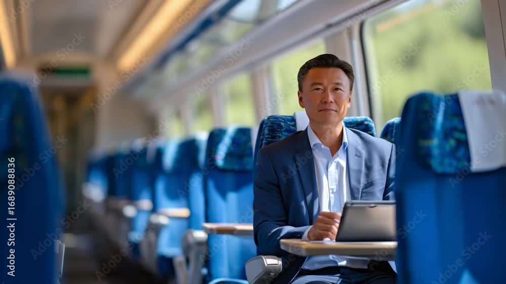 Poster a modern train cabin with a businessman focused on work, utilizing a sleek tray table and tablet set