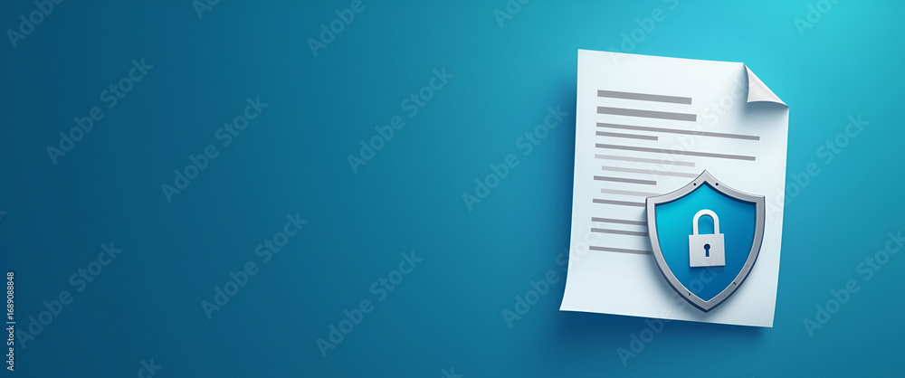 Poster photo realistic as policy document and shield icon with copy space for insurance ads concept as a mo