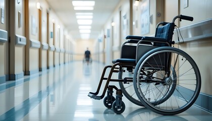 Obraz premium Empty wheelchair waiting in a long, sterile hospital corridor with a distant figure in silhouette, conveying themes of care, recovery, and medical journeys.