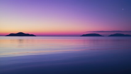 Fototapeta premium A tranquil sunset over the sea with islands and a star in the sky.