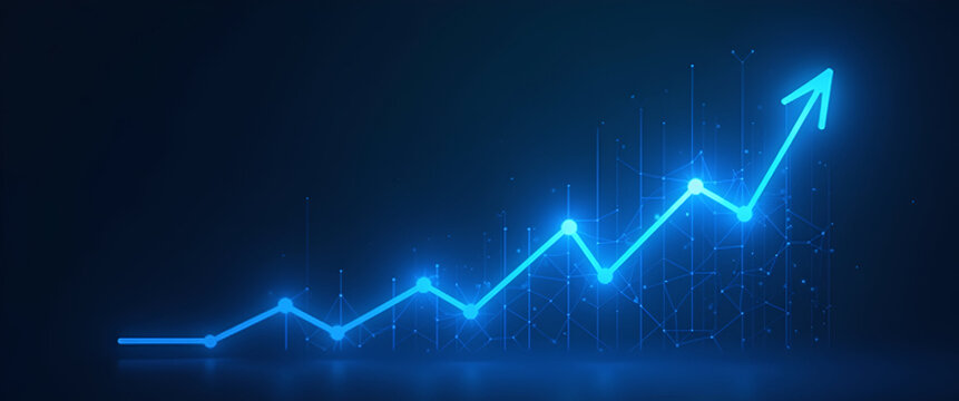Abstract growth chart glowing blue low polygon particle triangle wireframe connection futuristic business insights concept as Low poly growth chart glowing blue showcases futuristic analytics insight 