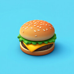 A vibrant, cartoonish 3D burger icon with a sesame seed bun, a beef patty, cheese, and lettuce. It's a fun and stylized representation of a classic fast food item.