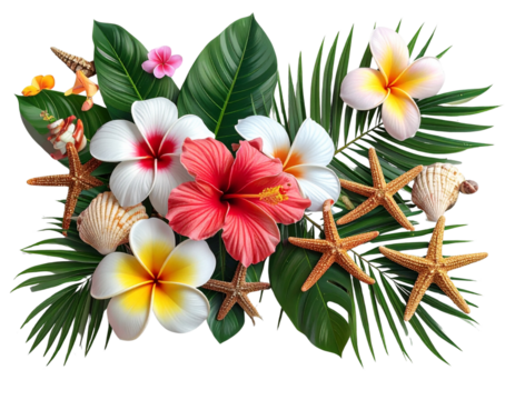 Lush Green Palm Tree with Tropical Flowers – Exotic Flat Lay
