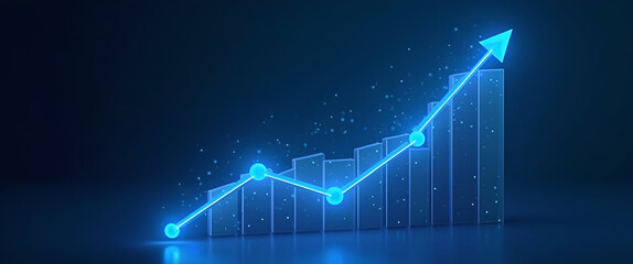 Abstract growth chart glowing blue low polygon particle triangle wireframe connection futuristic business insights concept showcasing analytics and economic progress with empty space on the left.