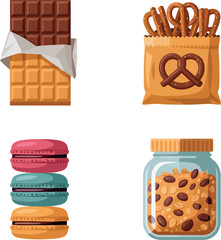 Assorted sweet snacks collage delicious chocolate bar macarons pretzels and cookies in jar vector