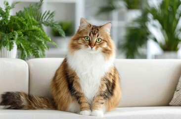 Fluffy brown and white cat sits on a white sofa, looking directly at the camera, with green plants out of focus in the background