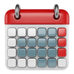 3D Render of a Calendar Icon with Marked Dates in Red and Blue on a White Background with a Red Header