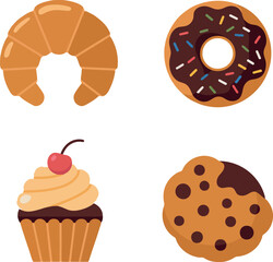 Delicious bakery treats croissant donut cupcake cookie sweet pastry collection flat design vector