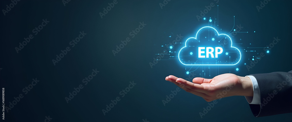 Poster hand holding holographic erp integration deployment icon in cloud environment - minimalist concept w