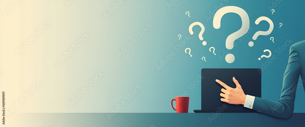 Poster hand in front of laptop with floating question marks: symbolizing inquiry, decision making, and prob