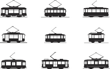 Vintage tram vector set, electric trolley illustrations, retro streetcar icons, public transport graphic design, urban commute silhouette artwork, railway transport