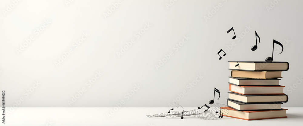 Poster photo realistic as books and music notes concept as an icon of a stack of books and music notes set 