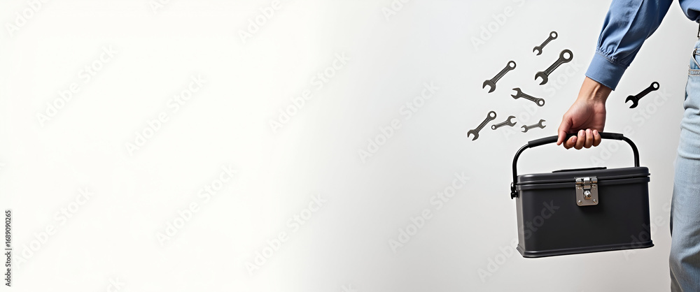 Poster photo realistic image of a person with a magic toolbox and floating wrenches, ideal for handyman ser