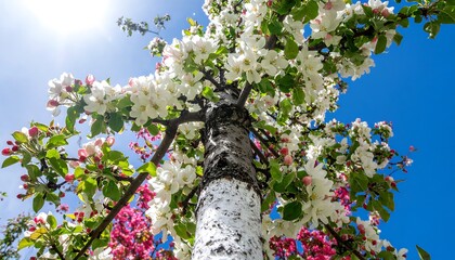 Low-angle view of a flowering tree with white blossoms against a vibrant blue sky