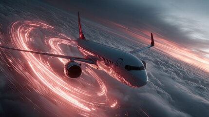 Futuristic Passenger Airplane with Energy Vortex in Sky