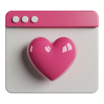 3D Render of a Pink Heart Icon on a White Browser Window with a Pink Header for Social Media Engagement Concept