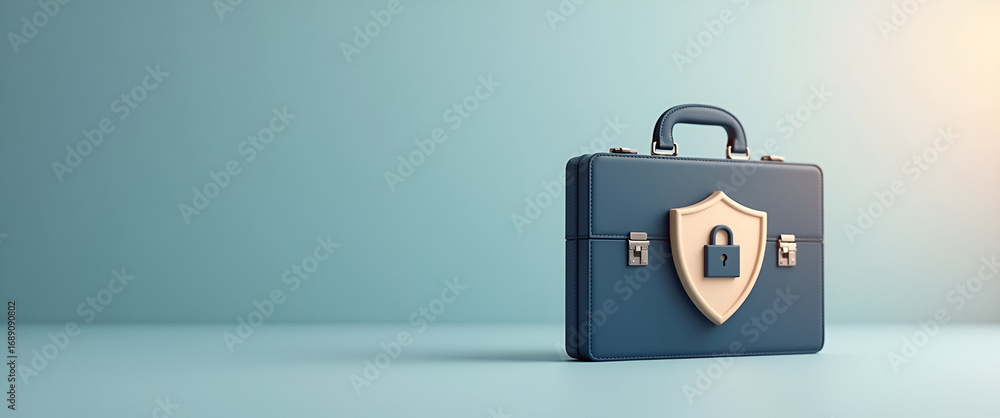 Poster photo realistic briefcase and shield icon design with text space on professional background for insu