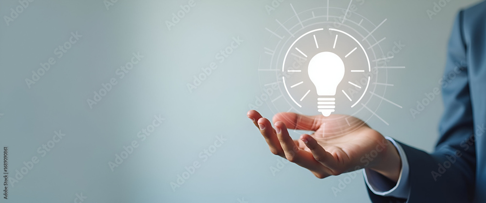 Poster hand presenting holographic business insight strategy planning symbol in empty space - minimalist ba