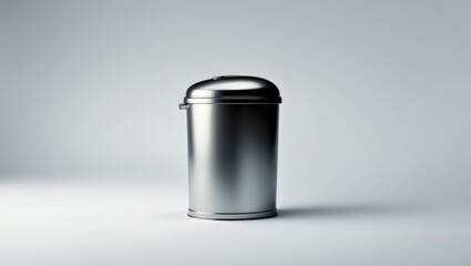 A stainless steel trash can with a lid on a plain background.