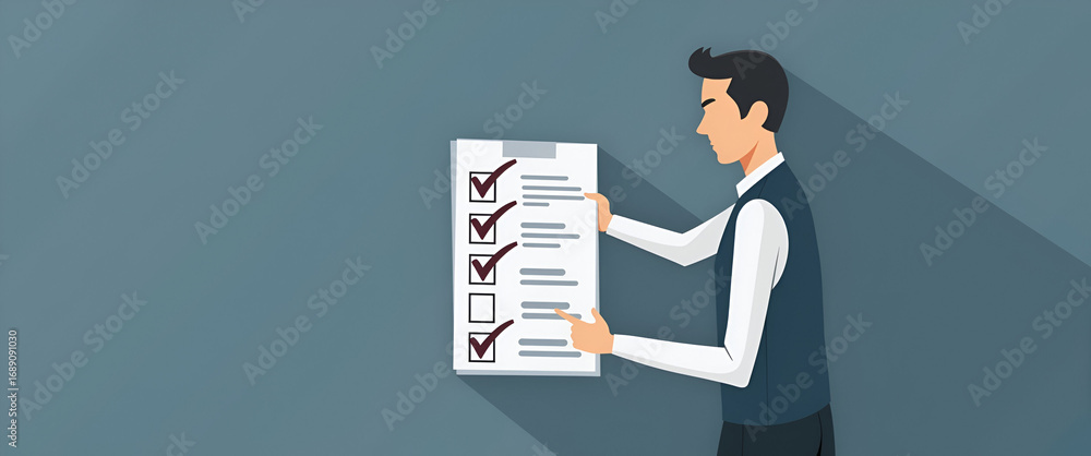 Poster businessman evaluating quality and efficiency: checking document list with checkboxes for regulation