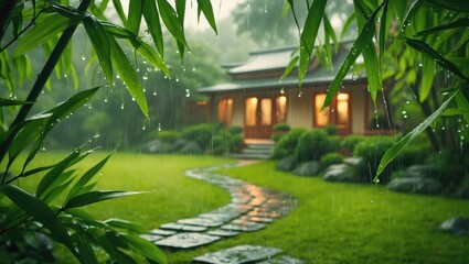 A tranquil garden scene with a house, lush greenery, and a stone pathway during rain. Relaxing landscape with foliage, rain droplets, and cozy home exterior.