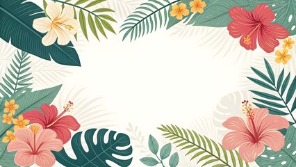 Obraz premium Tropical Floral Frame Background with Plumeria and Palm Leaves