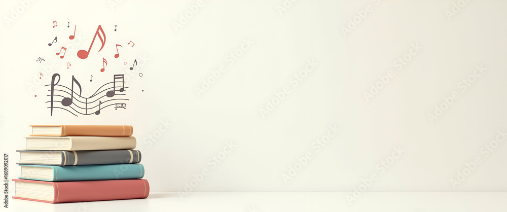 Poster photo realistic as books and music notes concept as an icon of a stack of books and music notes set 