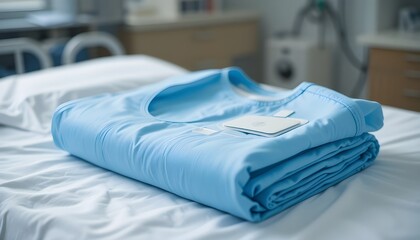Freshly laundered patient gown folded neatly on hospital bed conveys cleanliness, care, and medical attention for healthcare marketing and wellness campaigns
