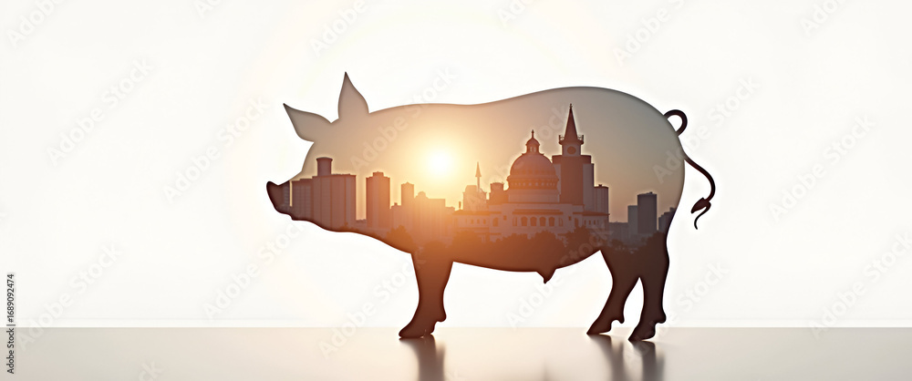 Poster photo realistic as silhouette of a pig and a piggy bank symbolizing saving money in double exposure 