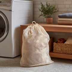 Full laundry bag filled with clothes sitting on the floor next to a washing machine and shelf with folded towels