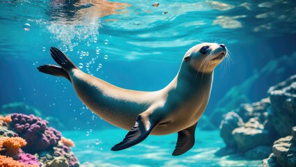 Sea lion swimming underwater near colorful coral and rocks. Marine animal, underwater wildlife. Ocean environment, aquatic life, sea creature.