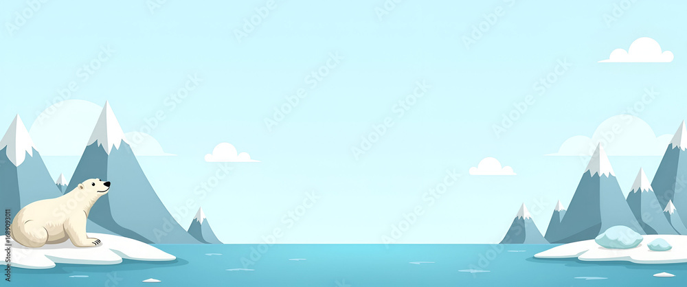 Poster polar bear and melting iceberg illustrations creating a border frame with copy space for world wildl