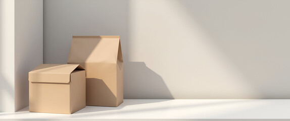 Sophisticated Packaging Mockup Displays: Clean Design, Structural Detail, Premium Material Textures for Product Promotion - Ideal for Photo Stock Concepts with Left Space