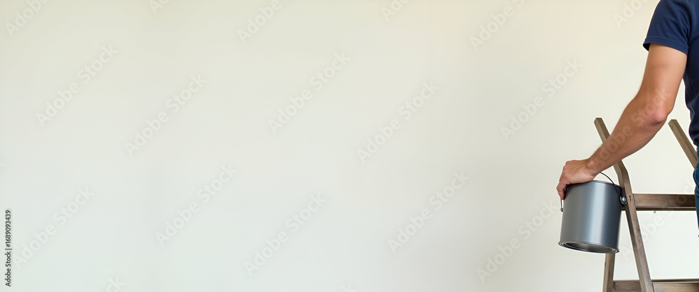 Poster Photo Realistic Image of a Person with Ladder and Paint Can for Home Painting Service - Efficient and Friendly Home Painting Concept with Clean Background for Text or Graphics