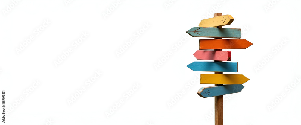 Poster colorful wooden signpost with multiple arrows pointing in different directions symbolizing choices o
