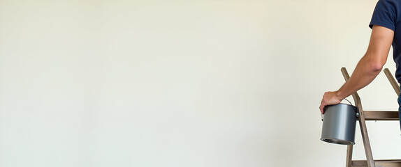 Photo Realistic Image of a Person with Ladder and Paint Can for Home Painting Service - Efficient and Friendly Home Painting Concept with Clean Background for Text or Graphics