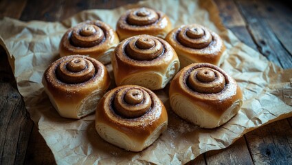 Fresh cinnamon rolls on parchment paper, warm and fluffy, on a rustic wooden table. Breakfast, baked goods, and comfort food. The concept of homemade baked treats.