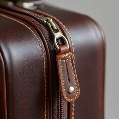 Close up of a vintage brown leather suitcase zipper and pull tab with detailed stitching and texture
