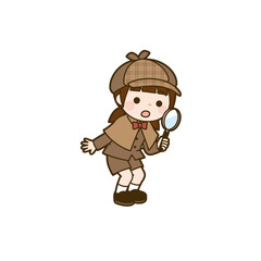 A cartoon illustration of a young girl dressed as a detective, holding a magnifying glass.