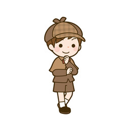 A cartoon illustration depicts a young boy dressed as a detective, pondering a mystery.