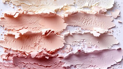 Cosmetic powder swatches in varying shades of peach and pink,  crumbled and textured on white background
