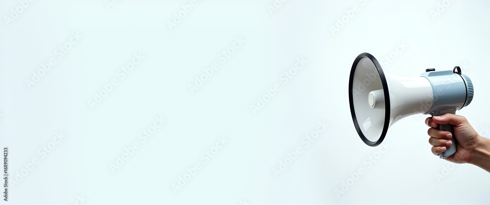 Poster a hand holding a megaphone isolated on transparent background for announcement concept with empty sp