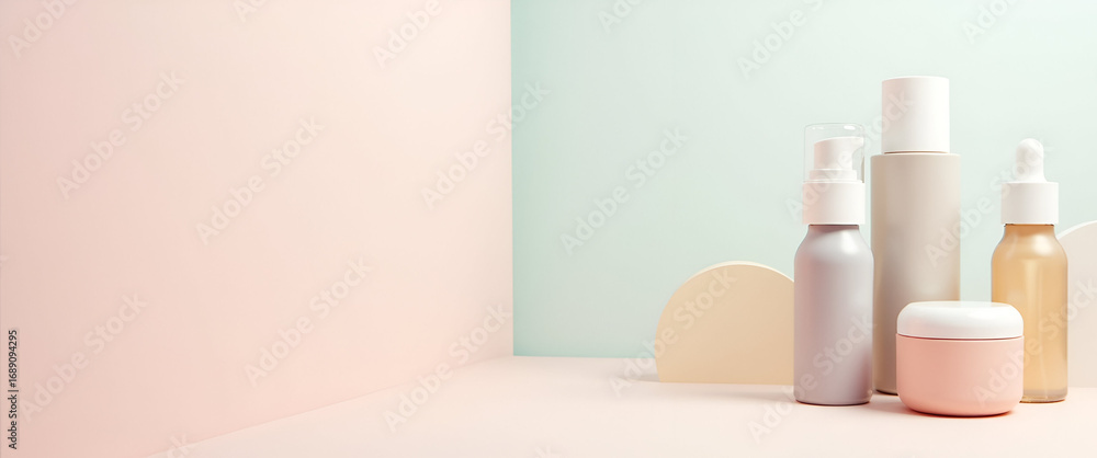 Poster minimalist skincare product photography: soft pastel background with gradient arrangement, emphasizi