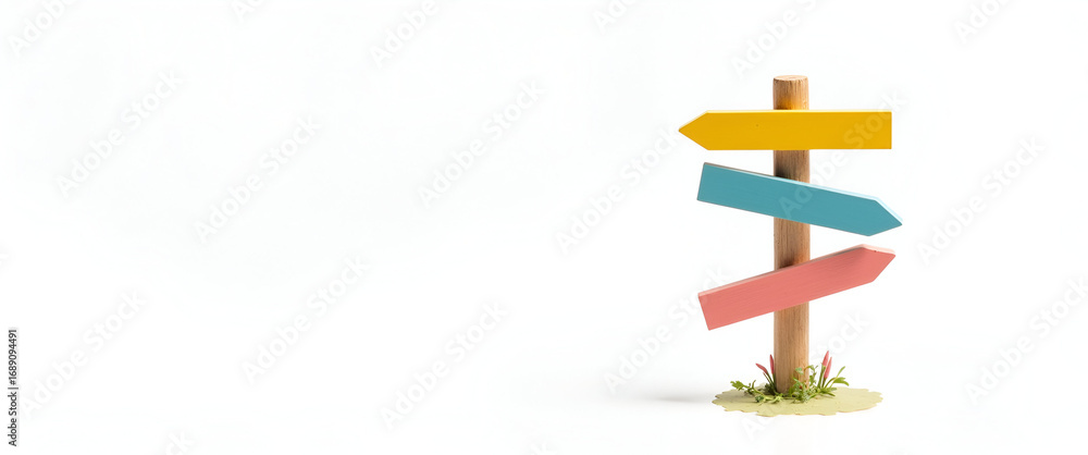 Poster colorful wooden signpost with multiple arrows pointing in different directions symbolizing choices o