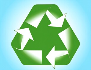 Fototapeta premium Green recycling symbol on light blue background